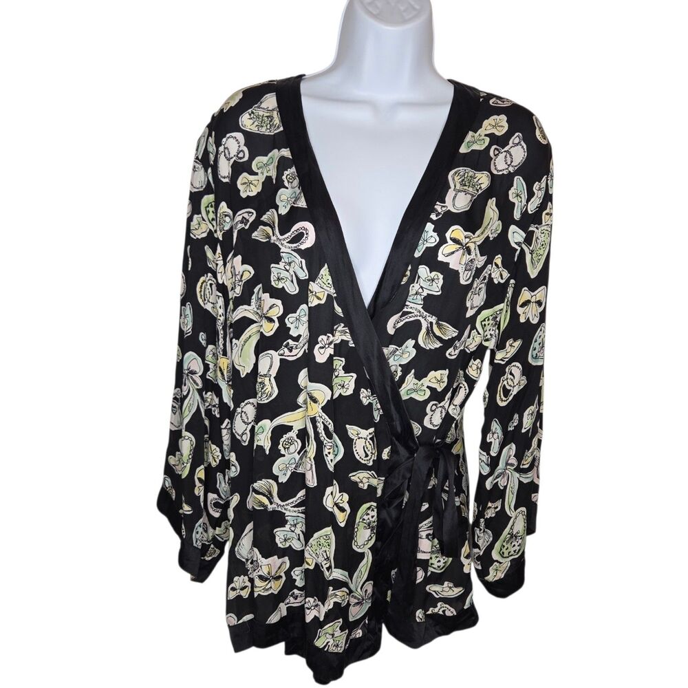 Soma 100% Silk Sensual Kimono Wrap Robe Black Novelty Fashion Print Size 0/1